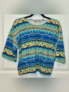 Vintage Michael Carrie Medium Blue Geometric Pleated Dolman Artwear Top